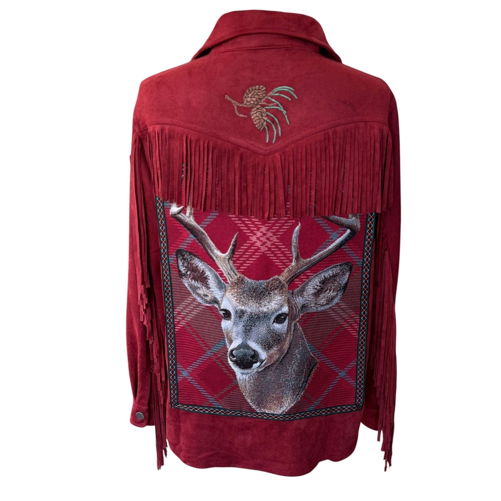 Lesal Upcycled Burgundy Faux Suede Fringe Western Deer Tapestry Jacket Womens M